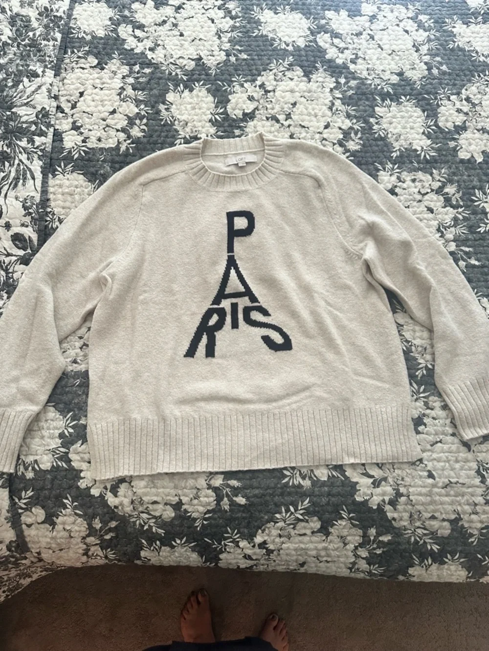 LOFT Cream Crewneck Sweater with Black Paris Graphic